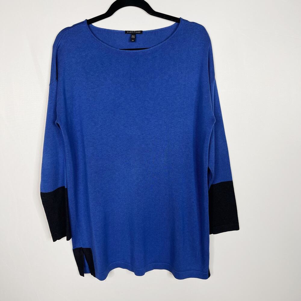 Eileen Fisher Small S Blue Gray Tencel Organic Cotton Silk Colorblock Sweater
